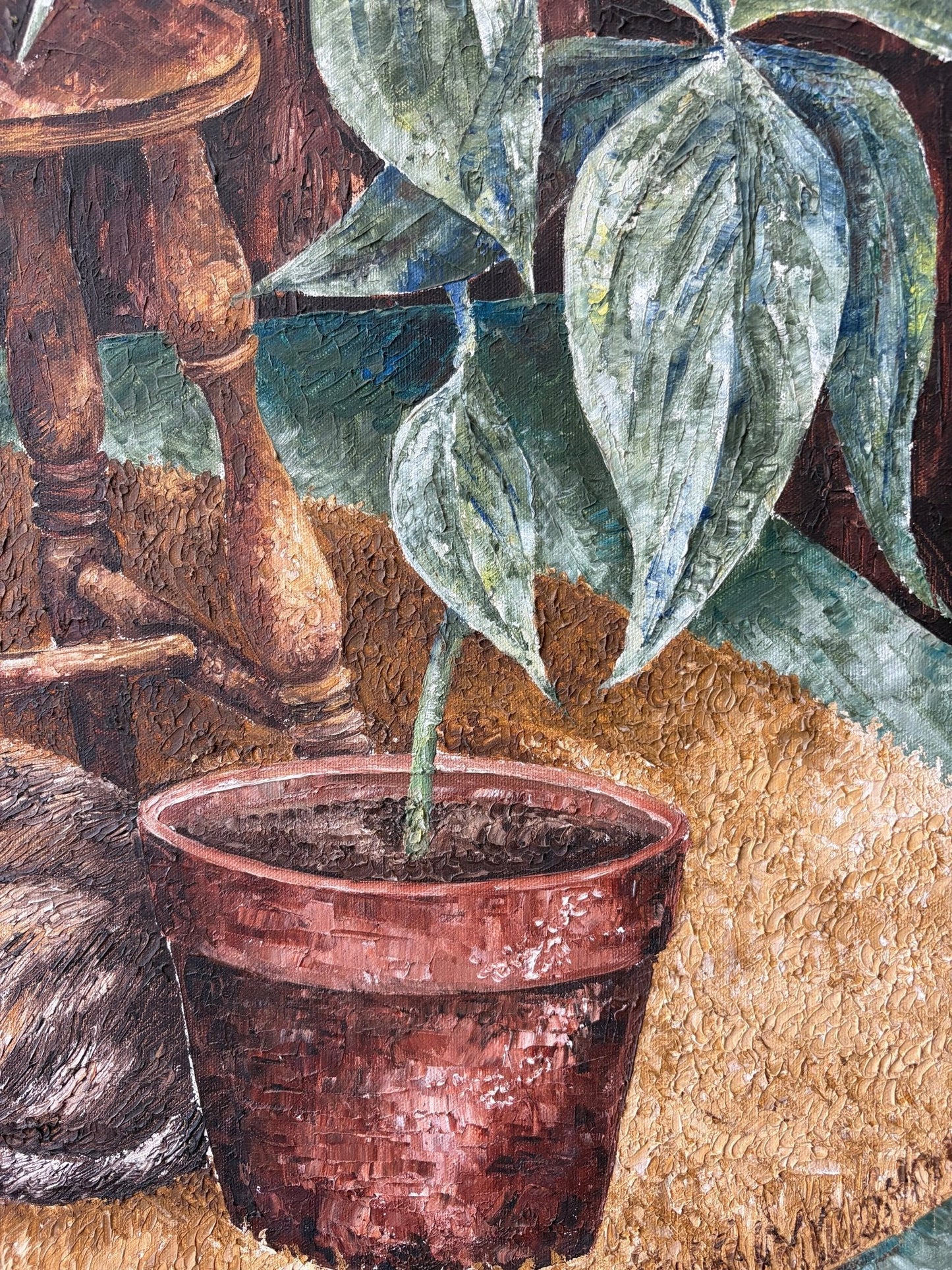 B. Nerreau Oil Painting – Sleeping Tabby Windsor Chair & Houseplant 30″ × 24″ Canvas - Loom Vintage