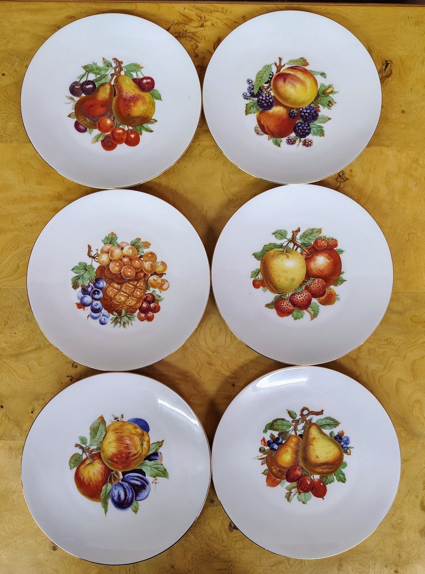 Bareuther Waldsassen Bavaria Fruit Plates, Set of 6 — Gold Rim, Assorted Fruit Designs, 7.5–8" - Loom Vintage