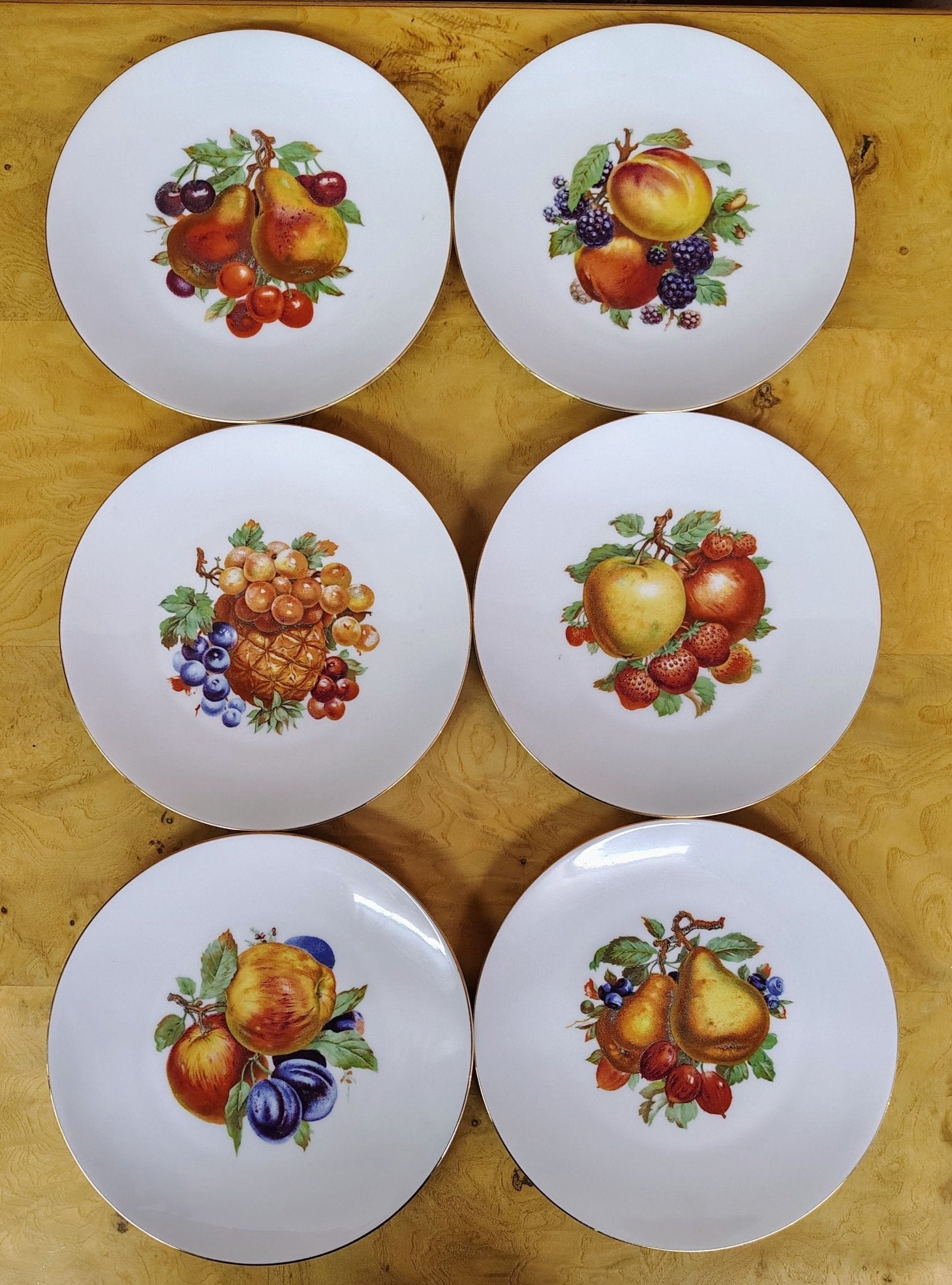 Bareuther Waldsassen Bavaria Fruit Plates, Set of 6 — Gold Rim, Assorted Fruit Designs, 7.5–8" - Loom Vintage