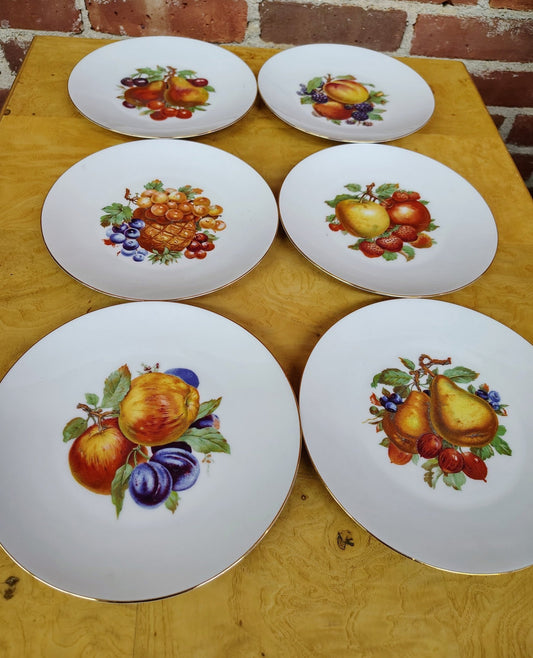 Bareuther Waldsassen Bavaria Fruit Plates, Set of 6 — Gold Rim, Assorted Fruit Designs, 7.5–8" - Loom Vintage