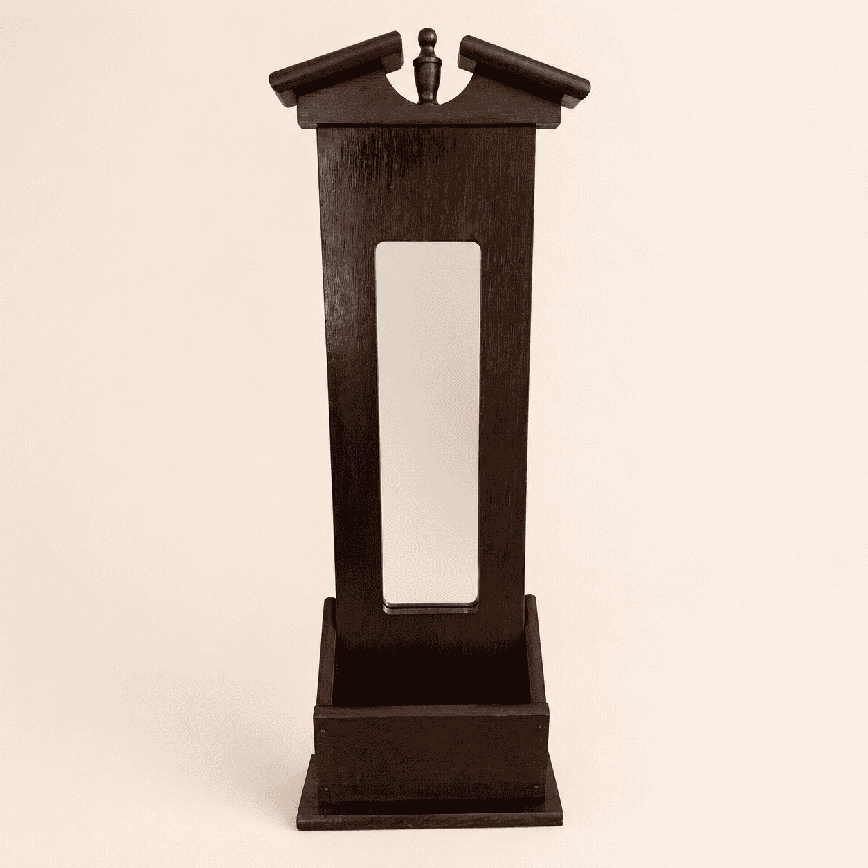 Basketville wood wall mirror with pedimented top and box shelf, front view