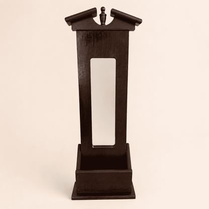 Basketville wood wall mirror with pedimented top and box shelf, front view
