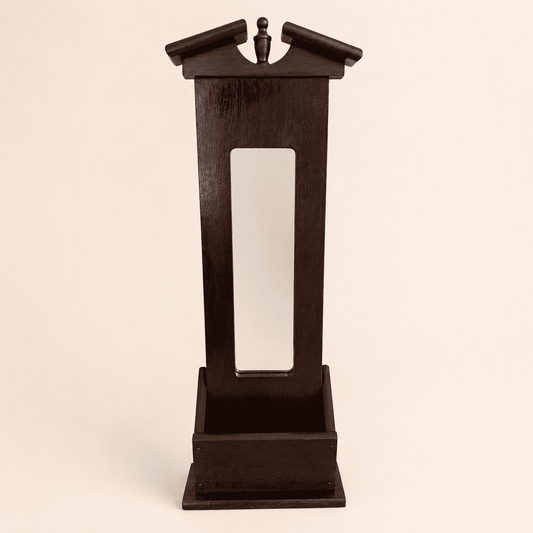 Basketville wood wall mirror with pedimented top and box shelf, front view