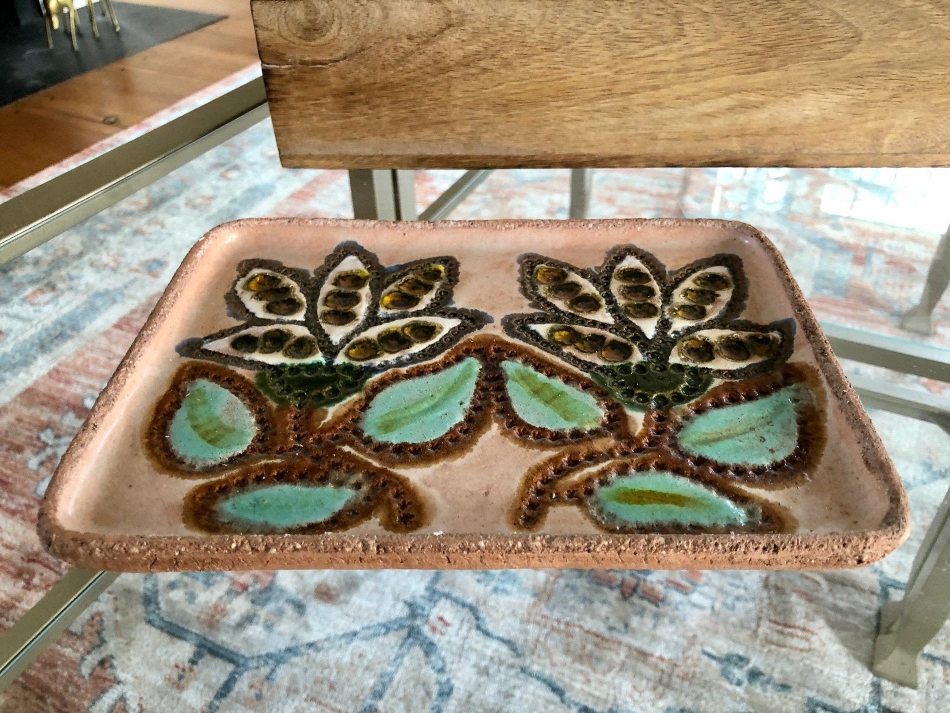 "Berta" Signed Handmade Ceramic Plate — Floral Folk Art, MCM, 8.75" - Loom Vintage