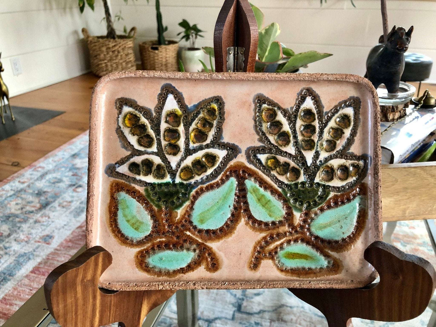 "Berta" Signed Handmade Ceramic Plate — Floral Folk Art, MCM, 8.75" - Loom Vintage