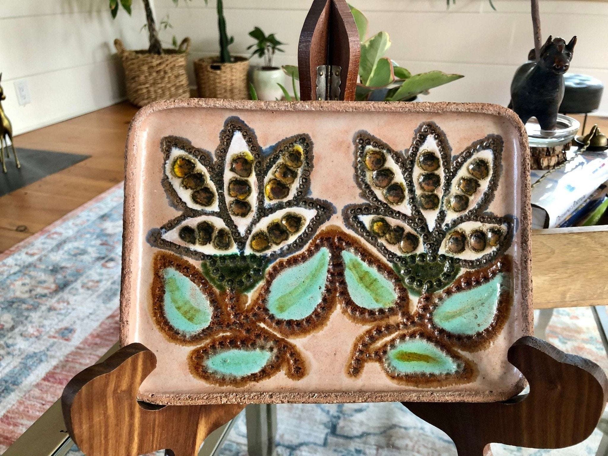 "Berta" Signed Handmade Ceramic Plate — Floral Folk Art, MCM, 8.75" - Loom Vintage