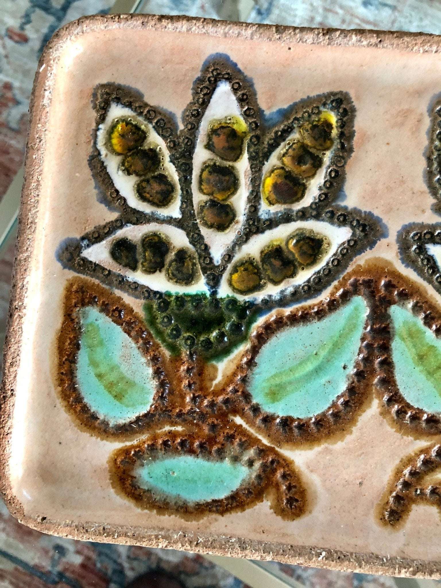 "Berta" Signed Handmade Ceramic Plate — Floral Folk Art, MCM, 8.75" - Loom Vintage