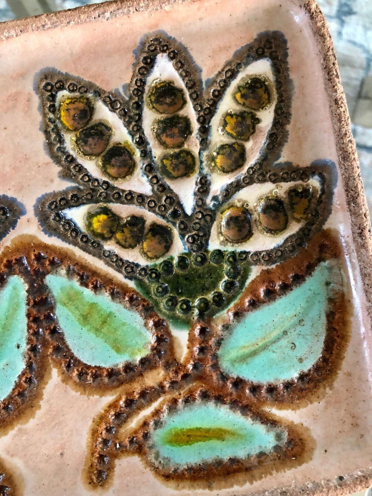 "Berta" Signed Handmade Ceramic Plate — Floral Folk Art, MCM, 8.75" - Loom Vintage