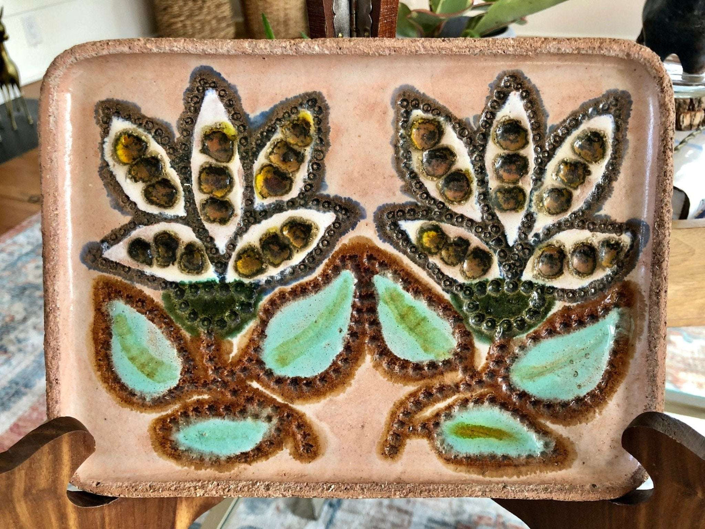 "Berta" Signed Handmade Ceramic Plate — Floral Folk Art, MCM, 8.75" - Loom Vintage