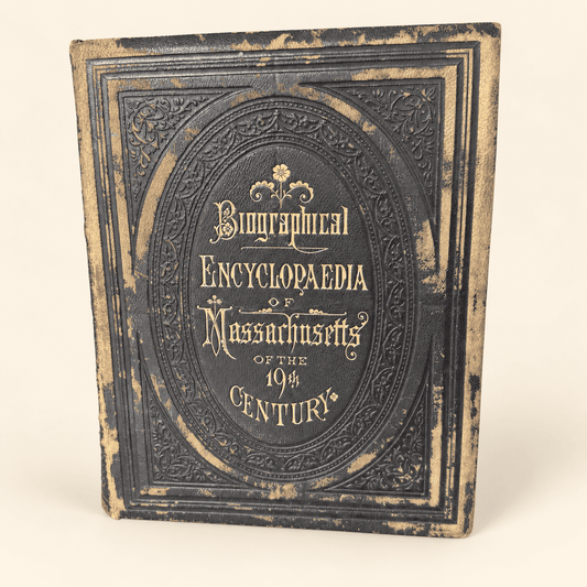 Antique 1883 Biographical Encyclopaedia of Massachusetts of the 19th Century, Volume II, leather-bound folio with steel portraits, front cover