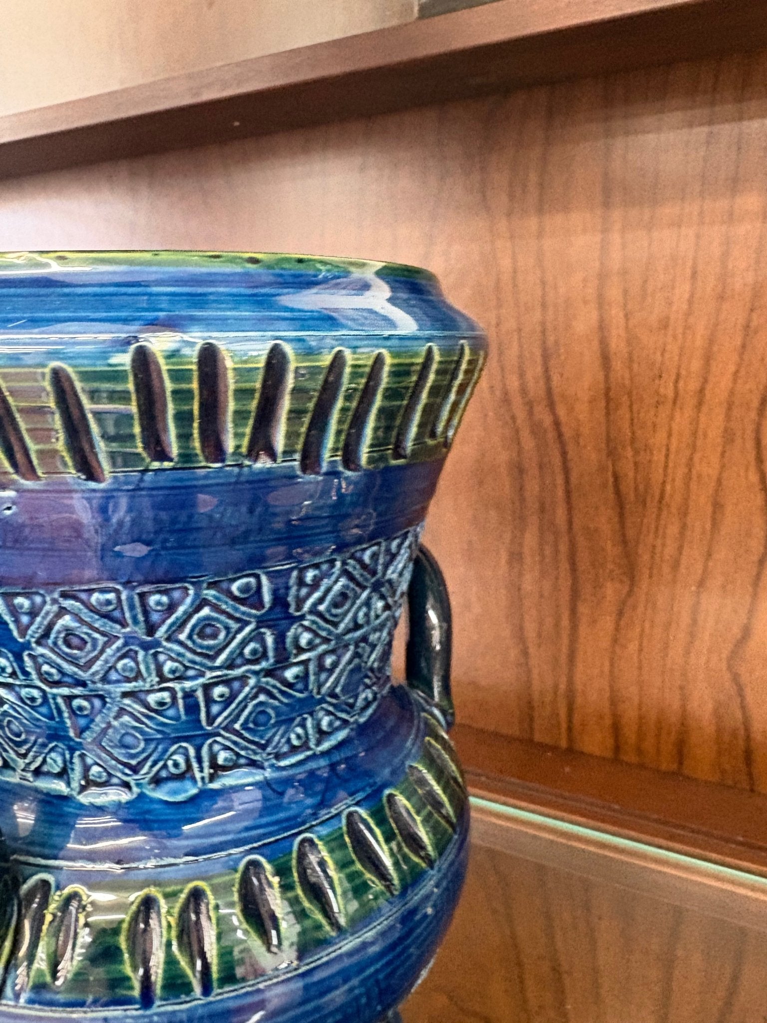 Bitossi Ceramic Vase — Cobalt Blue & Green, Geometric Banding, Dual Handles, Italy, c. 1960s–70s - Loom Vintage