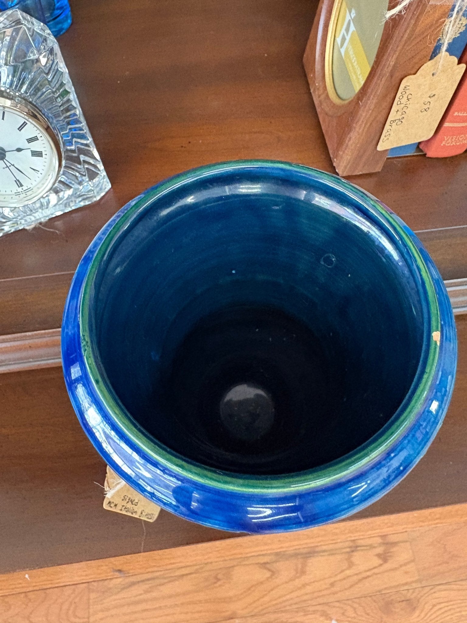 Bitossi Ceramic Vase — Cobalt Blue & Green, Geometric Banding, Dual Handles, Italy, c. 1960s–70s - Loom Vintage