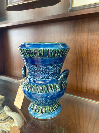 Bitossi Ceramic Vase — Cobalt Blue & Green, Geometric Banding, Dual Handles, Italy, c. 1960s–70s - Loom Vintage