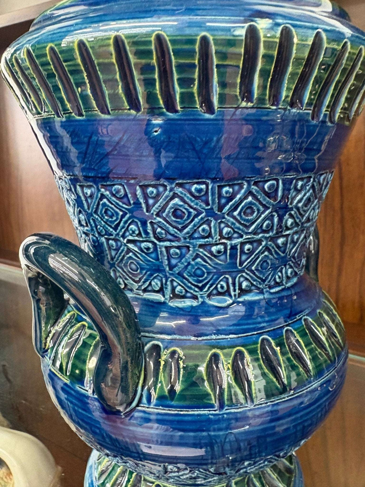 Bitossi Ceramic Vase — Cobalt Blue & Green, Geometric Banding, Dual Handles, Italy, c. 1960s–70s - Loom Vintage