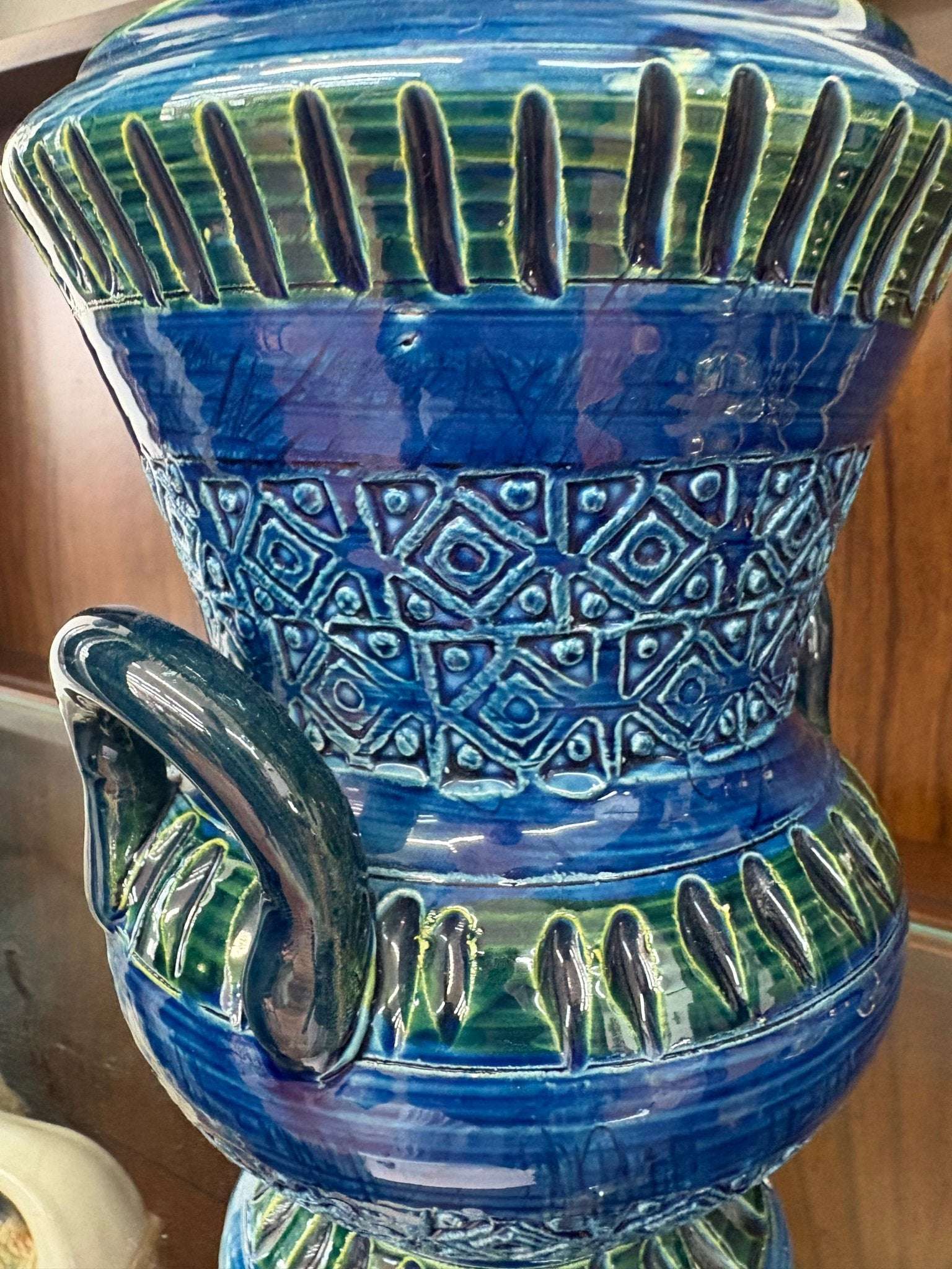 Bitossi Ceramic Vase — Cobalt Blue & Green, Geometric Banding, Dual Handles, Italy, c. 1960s–70s - Loom Vintage