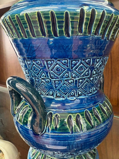Bitossi Ceramic Vase — Cobalt Blue & Green, Geometric Banding, Dual Handles, Italy, c. 1960s–70s - Loom Vintage