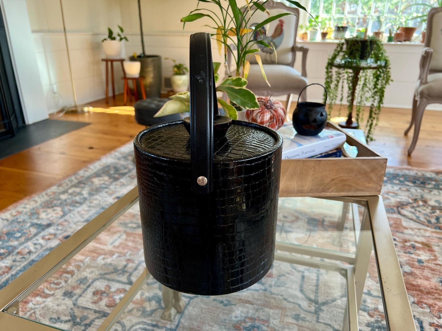 Black Faux Reptile Insulated Ice Bucket with Wood Handle and Lid — 7.75"W x 8"H - Loom Vintage