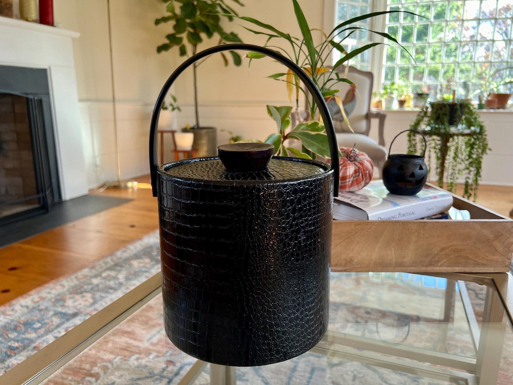 Black Faux Reptile Insulated Ice Bucket with Wood Handle and Lid — 7.75"W x 8"H - Loom Vintage
