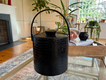 Black Faux Reptile Insulated Ice Bucket with Wood Handle and Lid — 7.75"W x 8"H - Loom Vintage
