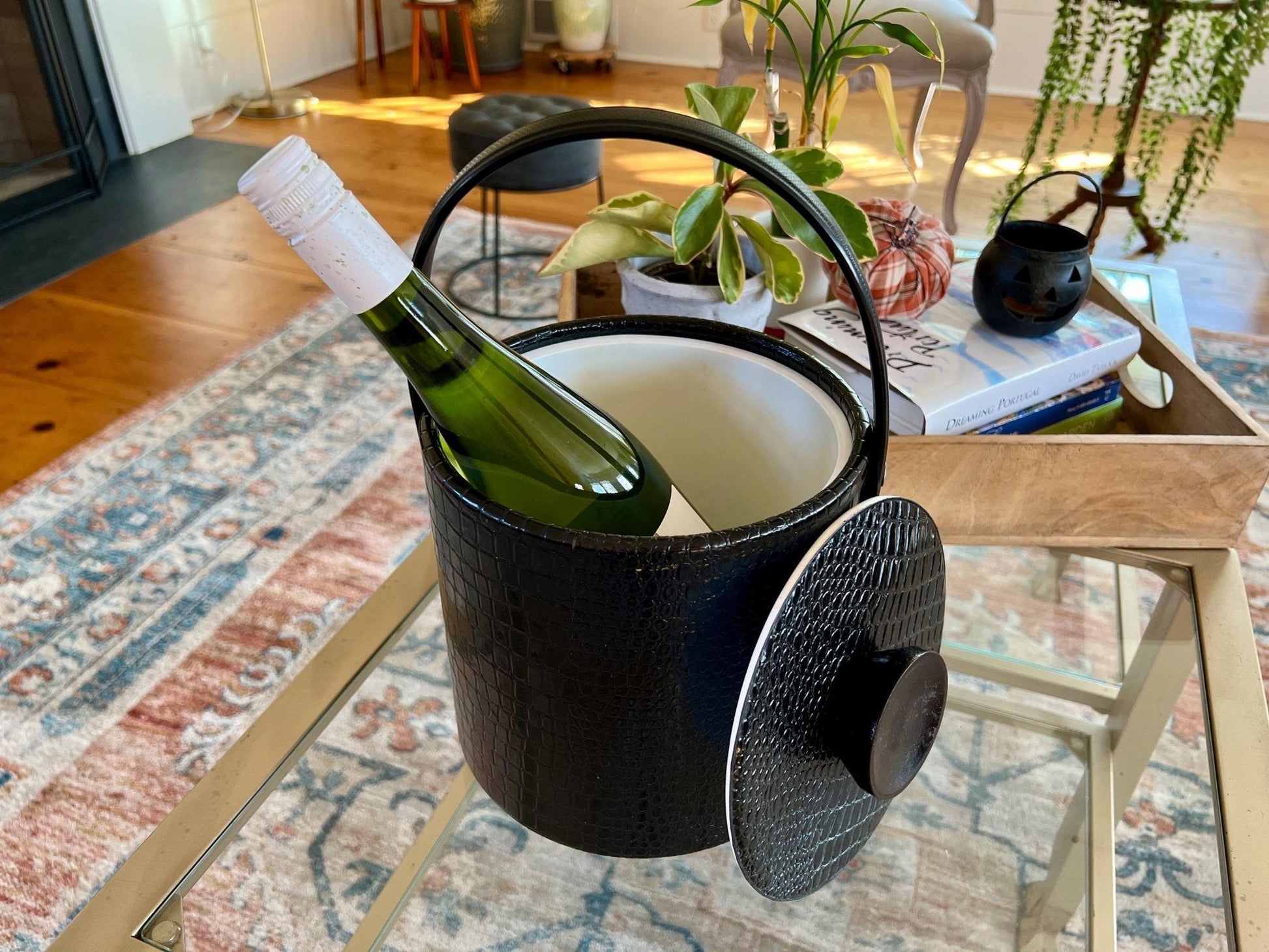 Black Faux Reptile Insulated Ice Bucket with Wood Handle and Lid — 7.75"W x 8"H - Loom Vintage