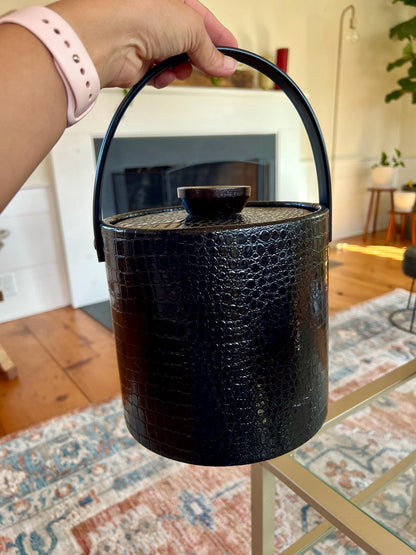 Black Faux Reptile Insulated Ice Bucket with Wood Handle and Lid — 7.75"W x 8"H - Loom Vintage