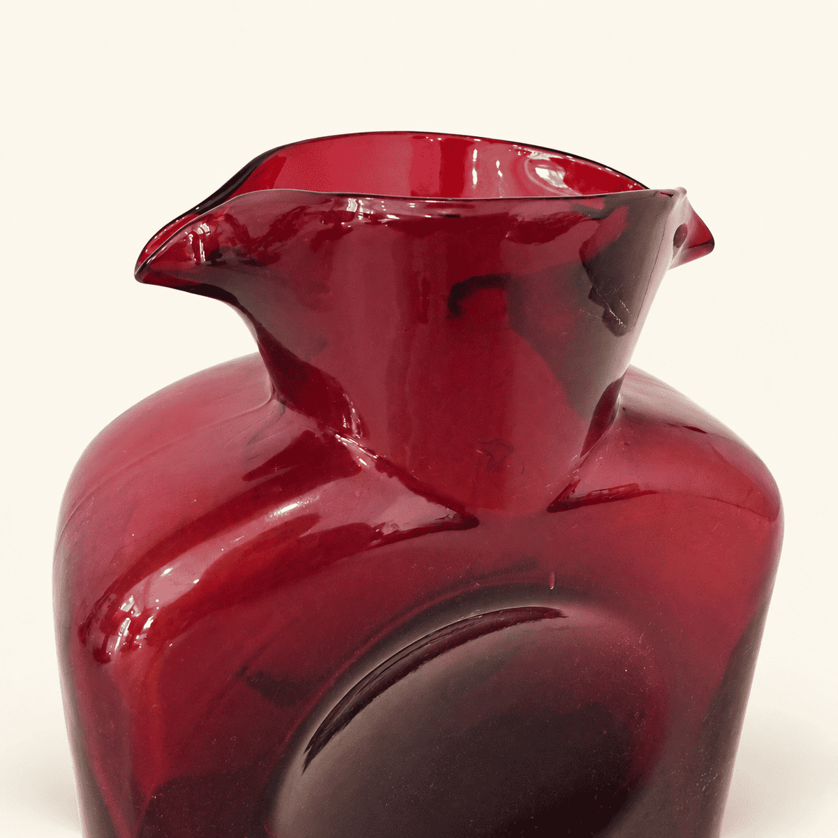 Double spout detail on the Blenko 384 ruby water bottle