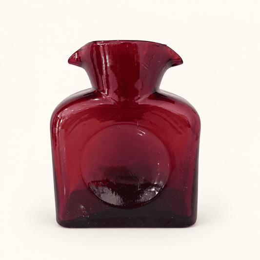 Vintage Blenko 384 double spout water bottle in ruby, front view