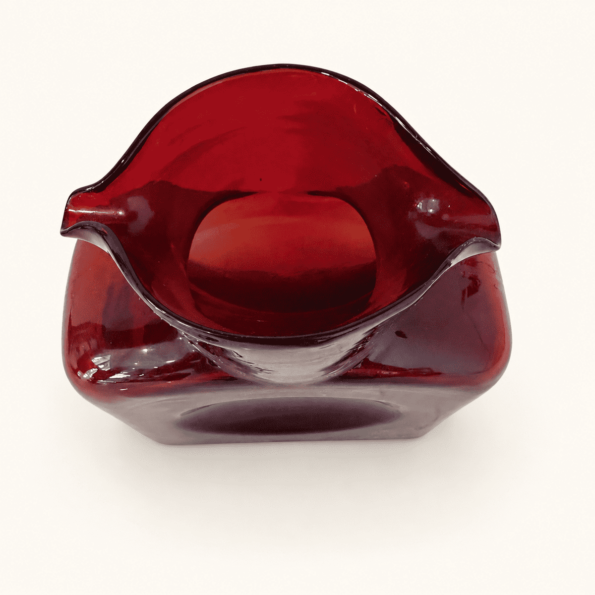 Top view of the Blenko 384 ruby water bottle, looking down at the two spouts