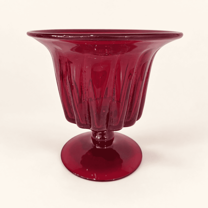 Single Blenko ruby ribbed footed compote, front view