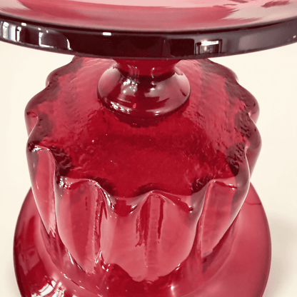 Underside of the ribbed bowl and knop stem on a Blenko ruby compote