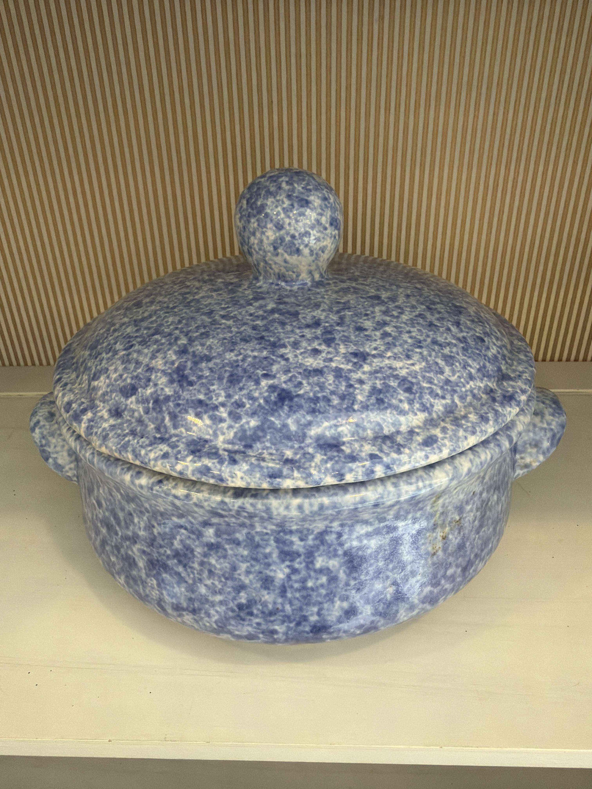Bleu Cordon blue spongeware stoneware casserole with lid, front view