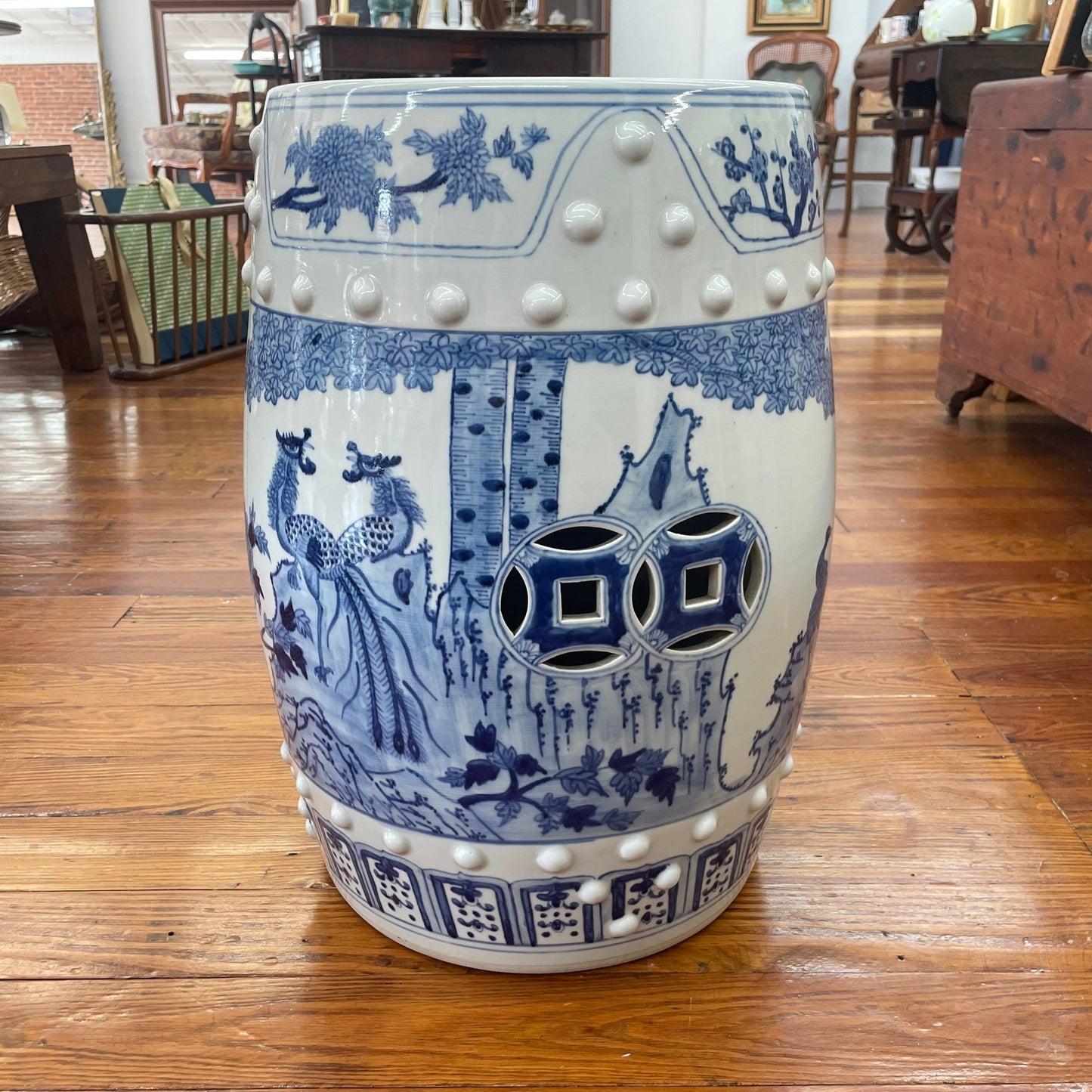 Blue and White Chinese Porcelain Garden Stool with Phoenix Design - Loom Vintage