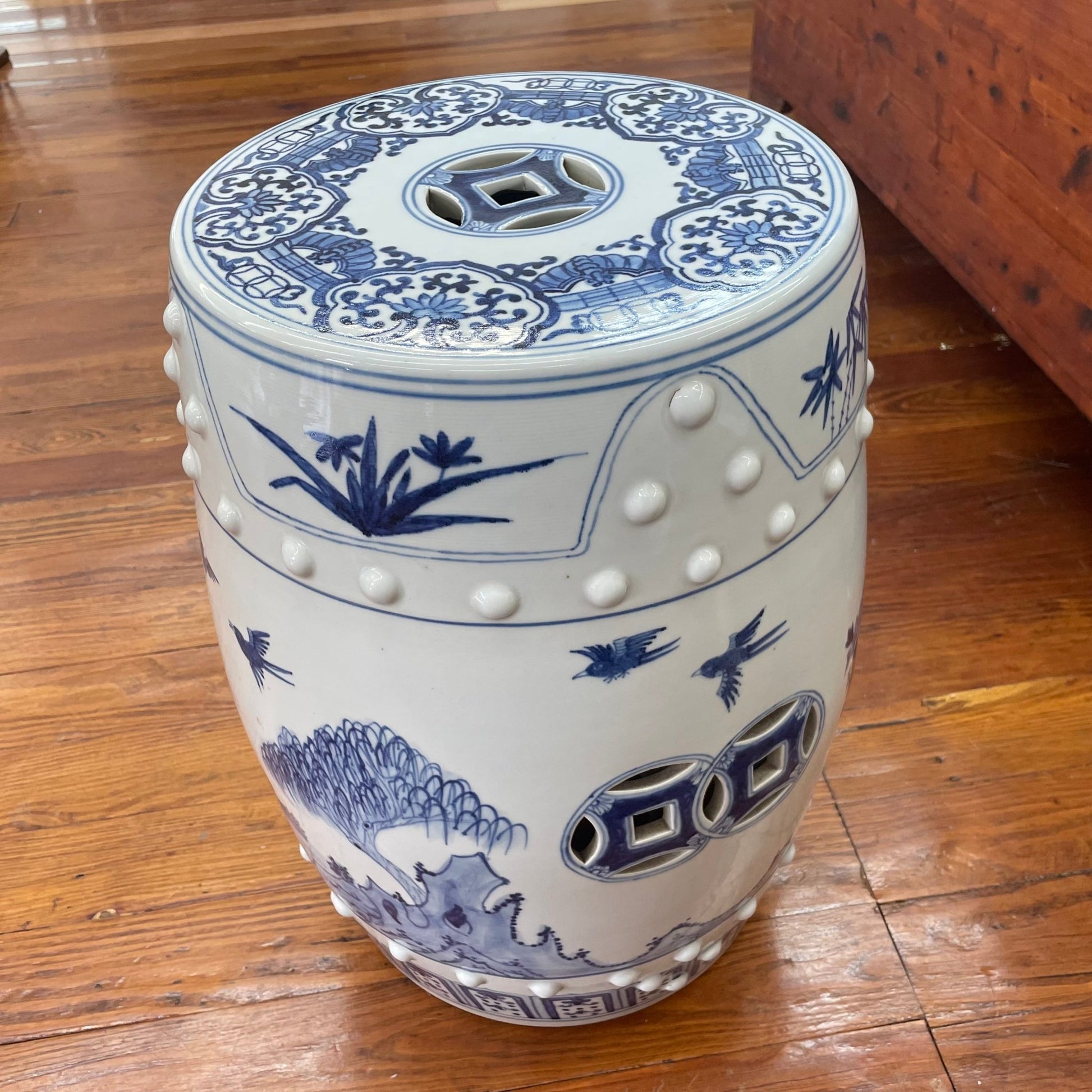 Blue and White Chinese Porcelain Garden Stool with Phoenix Design - Loom Vintage