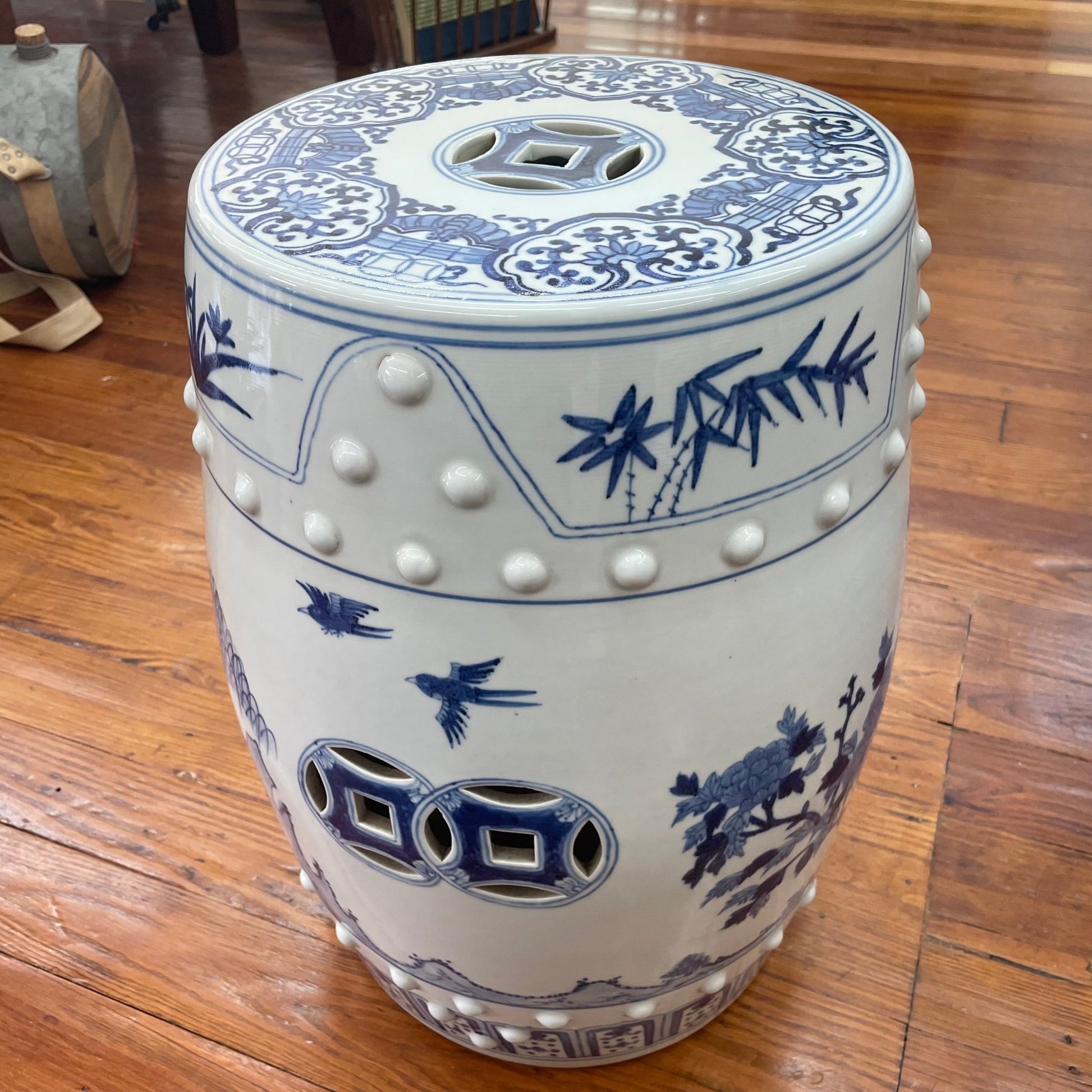 Blue and White Chinese Porcelain Garden Stool with Phoenix Design - Loom Vintage