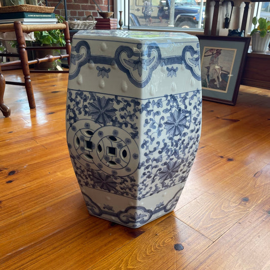 Blue and White Hexagonal Porcelain Garden Stool – Chinese Style Accent - Loom Vintage
