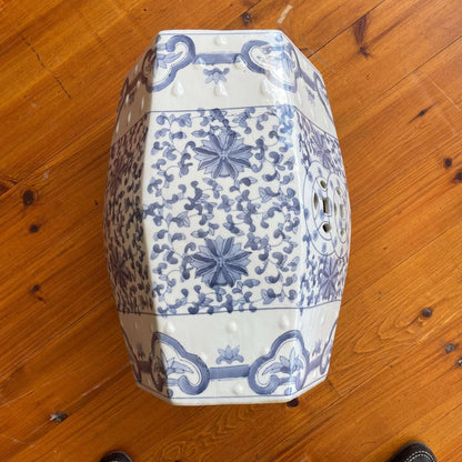 Blue and White Hexagonal Porcelain Garden Stool – Chinese Style Accent - Loom Vintage