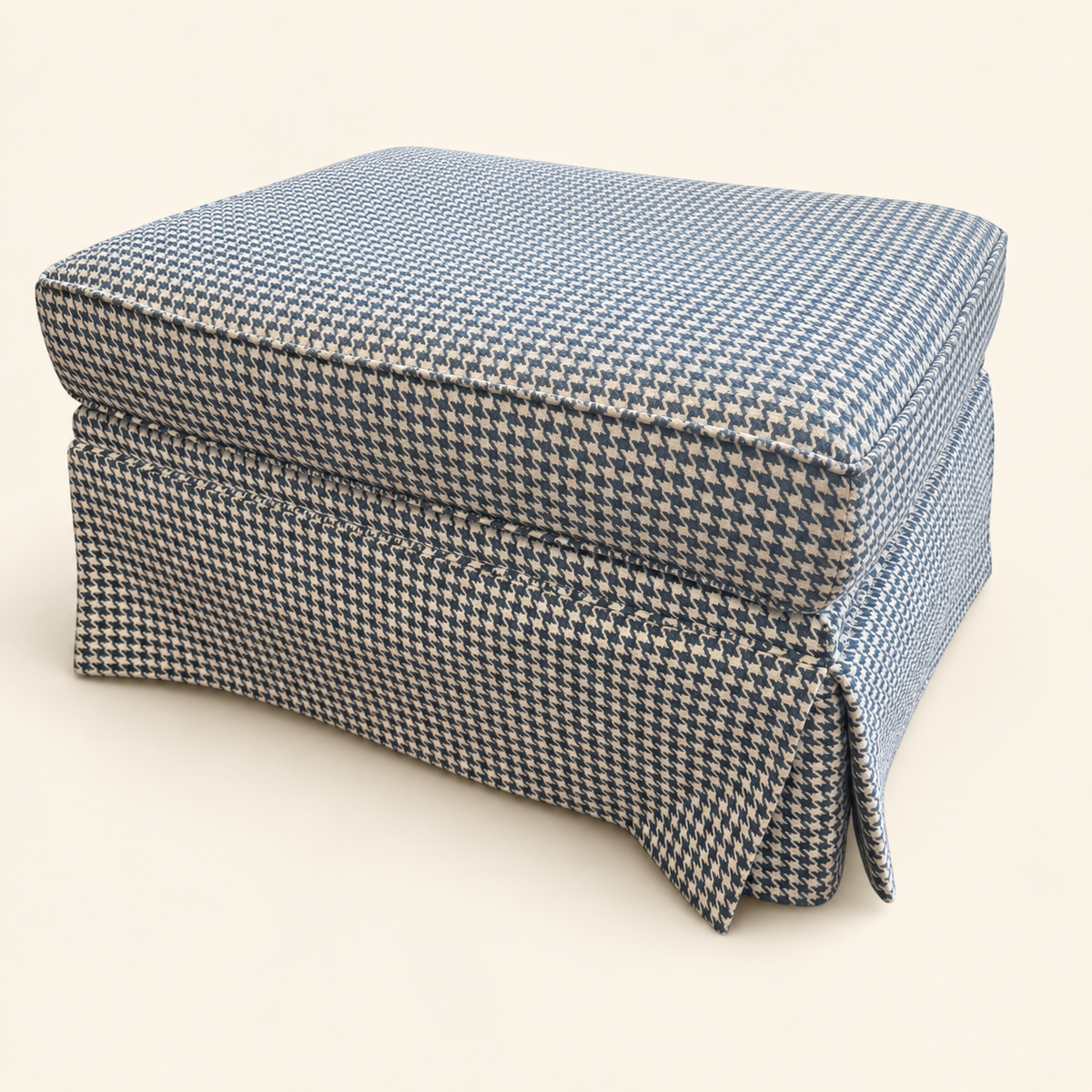 Blue and cream houndstooth ottoman, angled view