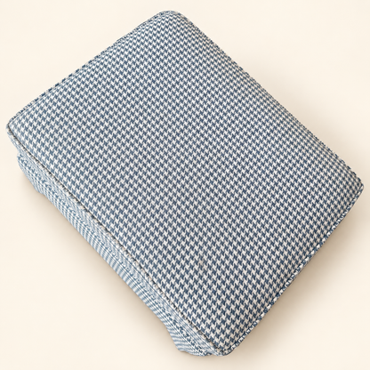 Rectangular skirted ottoman in blue houndstooth