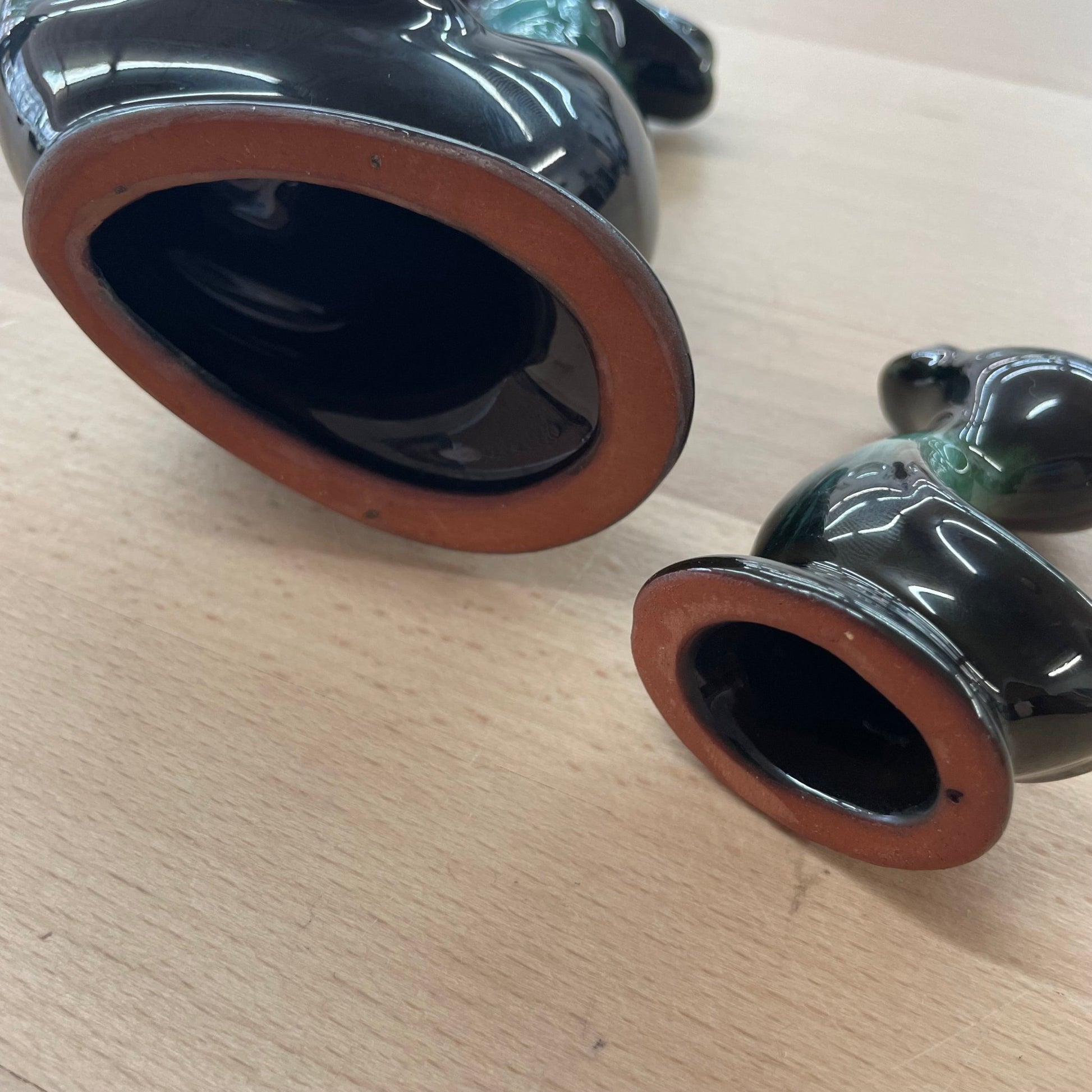 Blue Mountain Pottery Duck Figurine Pair – Teal & Black Glazed Ceramic (1970s) - Loom Vintage