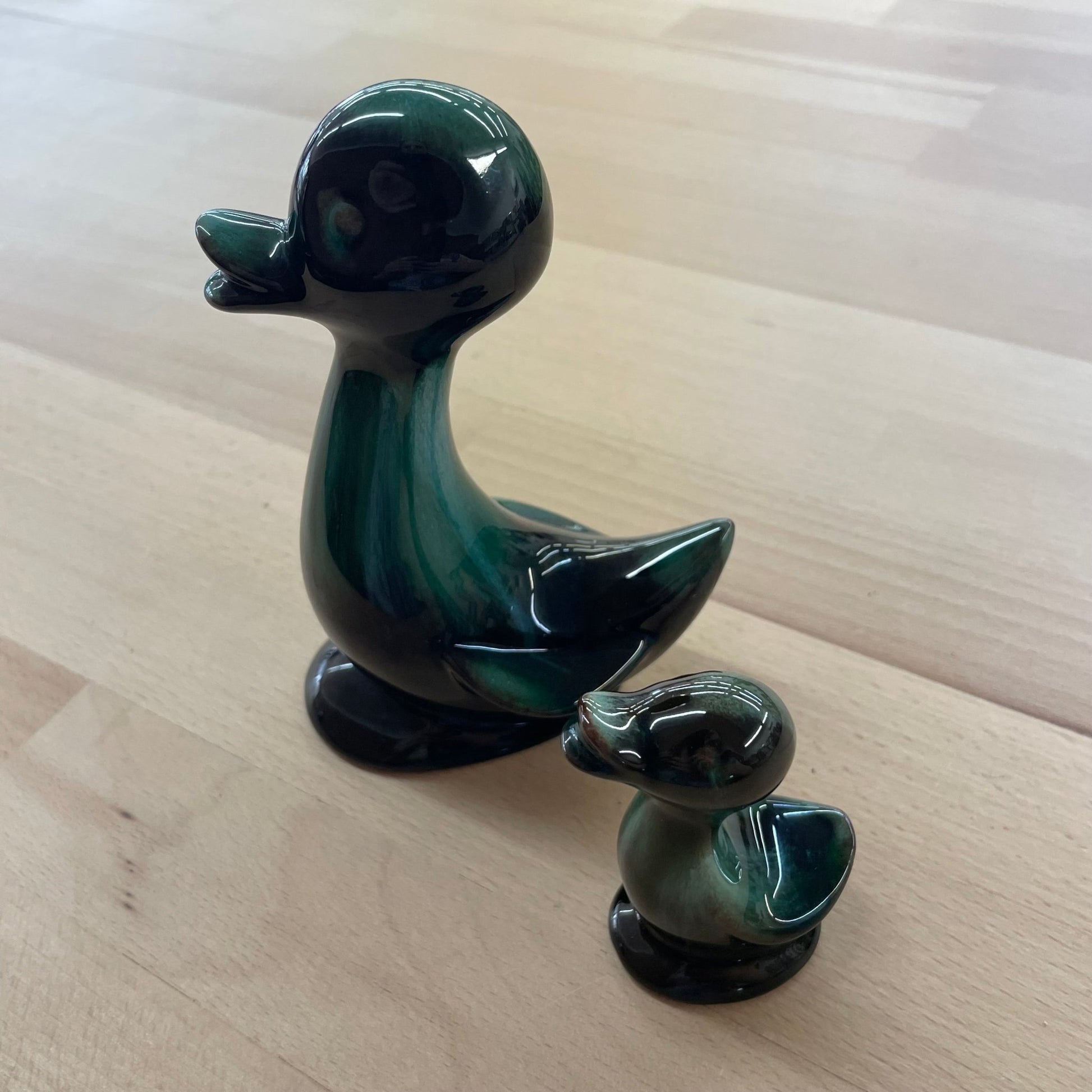 Blue Mountain Pottery Duck Figurine Pair – Teal & Black Glazed Ceramic (1970s) - Loom Vintage