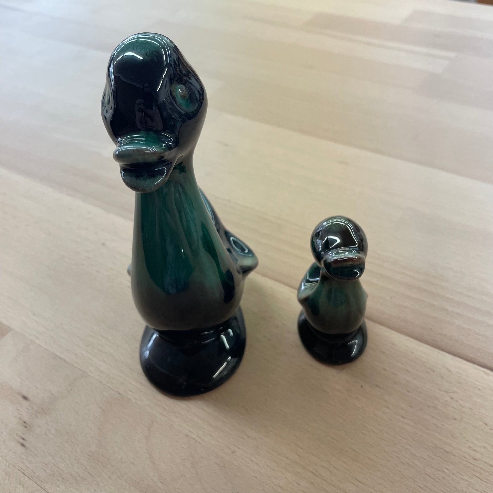 Blue Mountain Pottery Duck Figurine Pair – Teal & Black Glazed Ceramic (1970s) - Loom Vintage