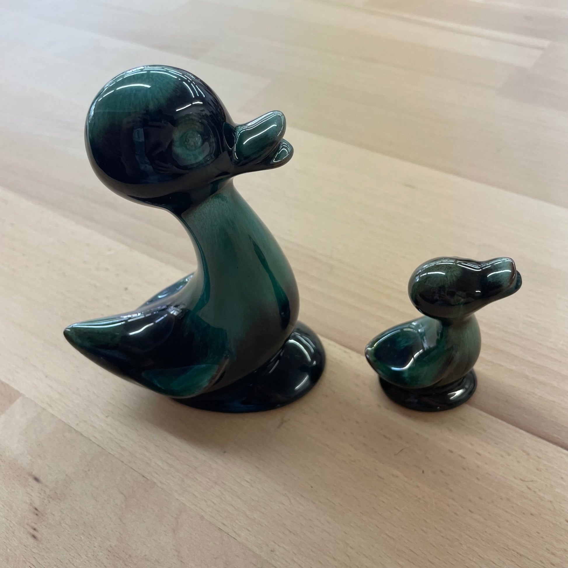 Blue Mountain Pottery Duck Figurine Pair – Teal & Black Glazed Ceramic (1970s) - Loom Vintage