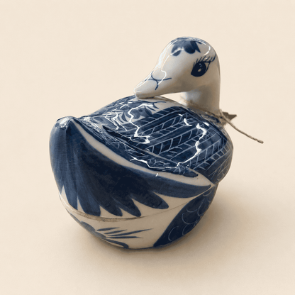 Blue and White Hand Painted Duck Box, Lidded Ceramic