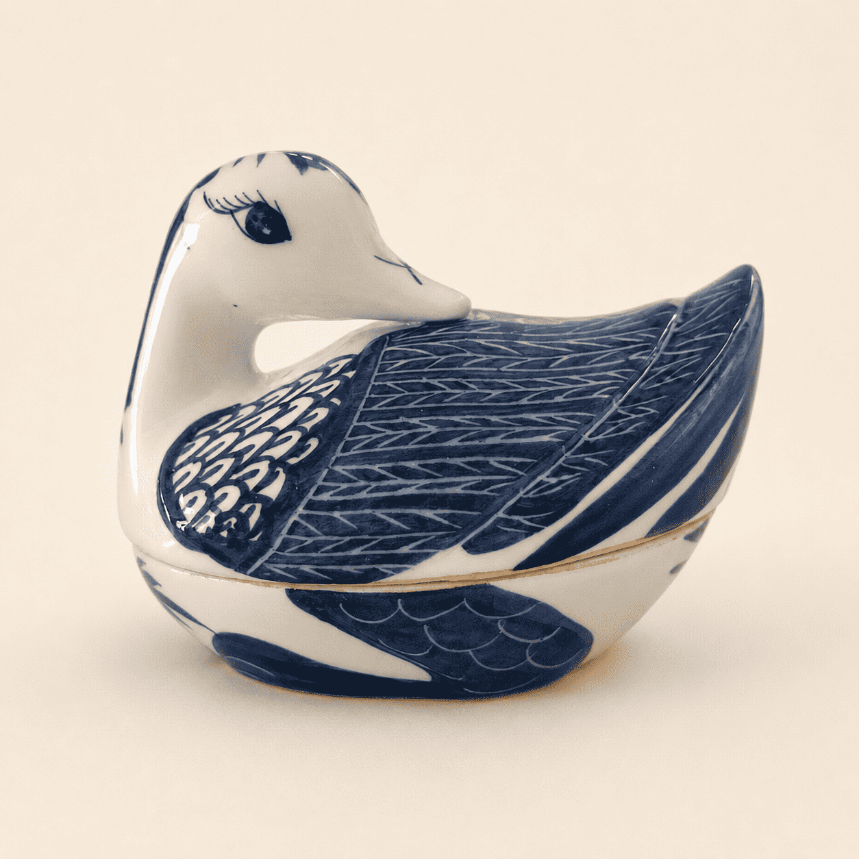 Blue and White Hand Painted Duck Box, Lidded Ceramic