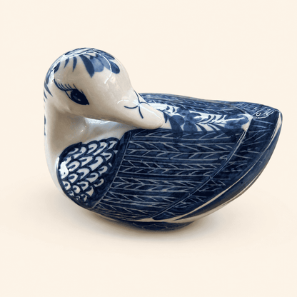 Blue and White Hand Painted Duck Box, Lidded Ceramic
