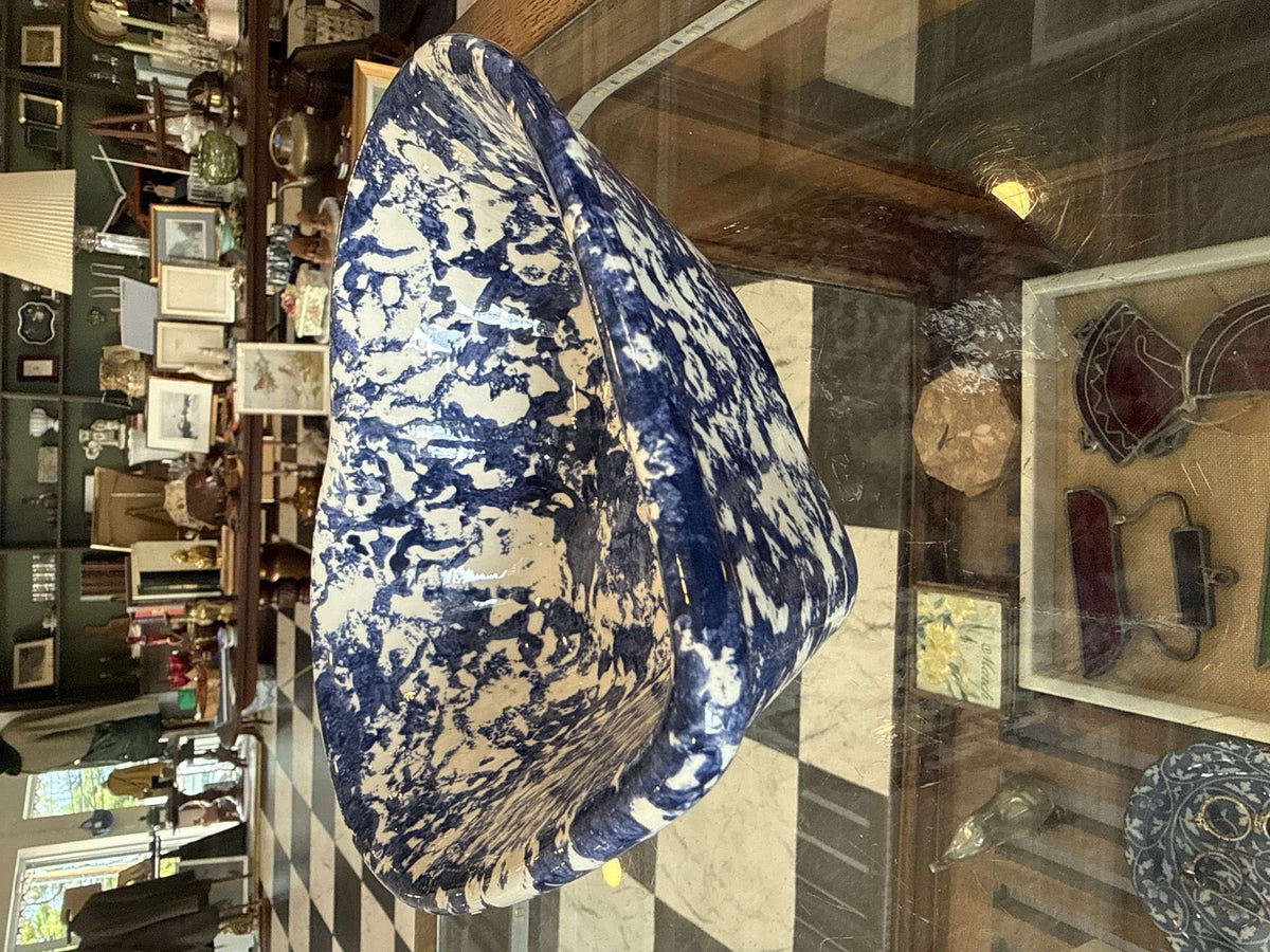 Blue and white spongeware heart-shaped bowl
