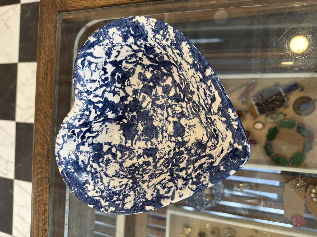 Blue sponge-painted heart dish, top view
