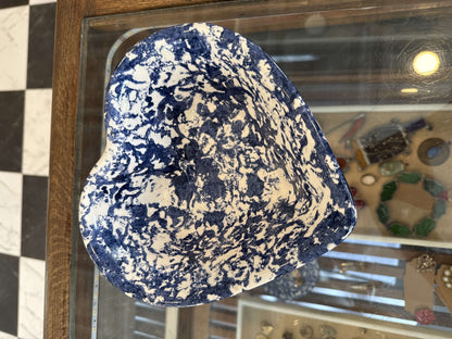 Blue sponge-painted heart dish, top view