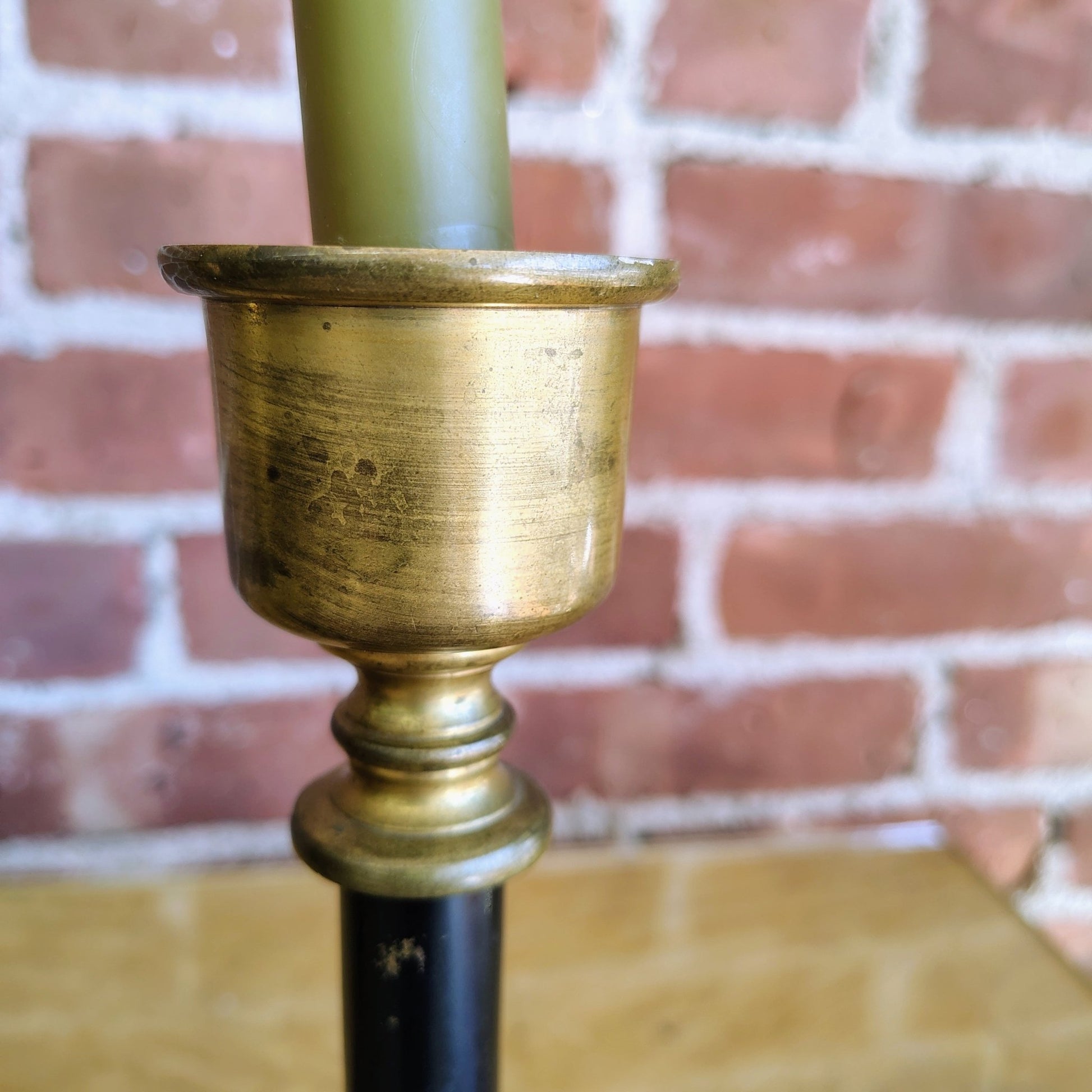 Brass and Black Candlestick Holders, Pair — Solid Brass, Made in India, 10"H - Loom Vintage
