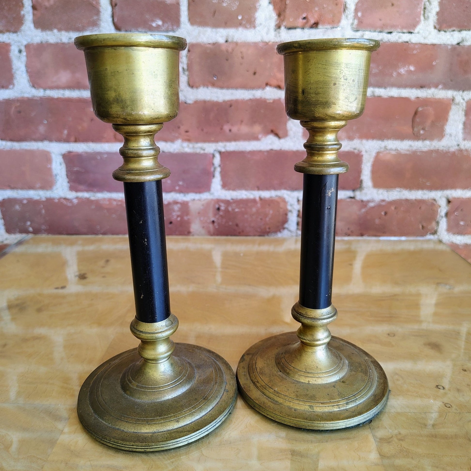 Brass and Black Candlestick Holders, Pair — Solid Brass, Made in India, 10"H - Loom Vintage